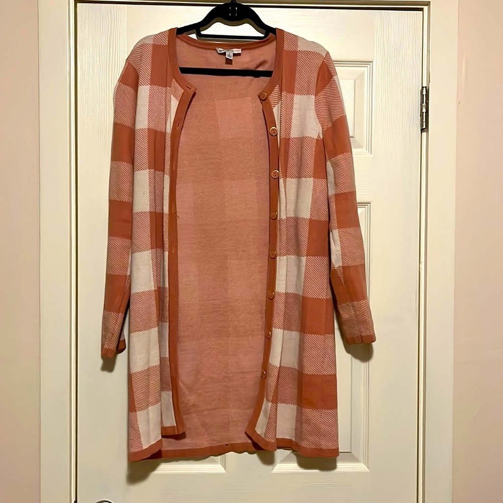Long length pink plaid cardigan sweater